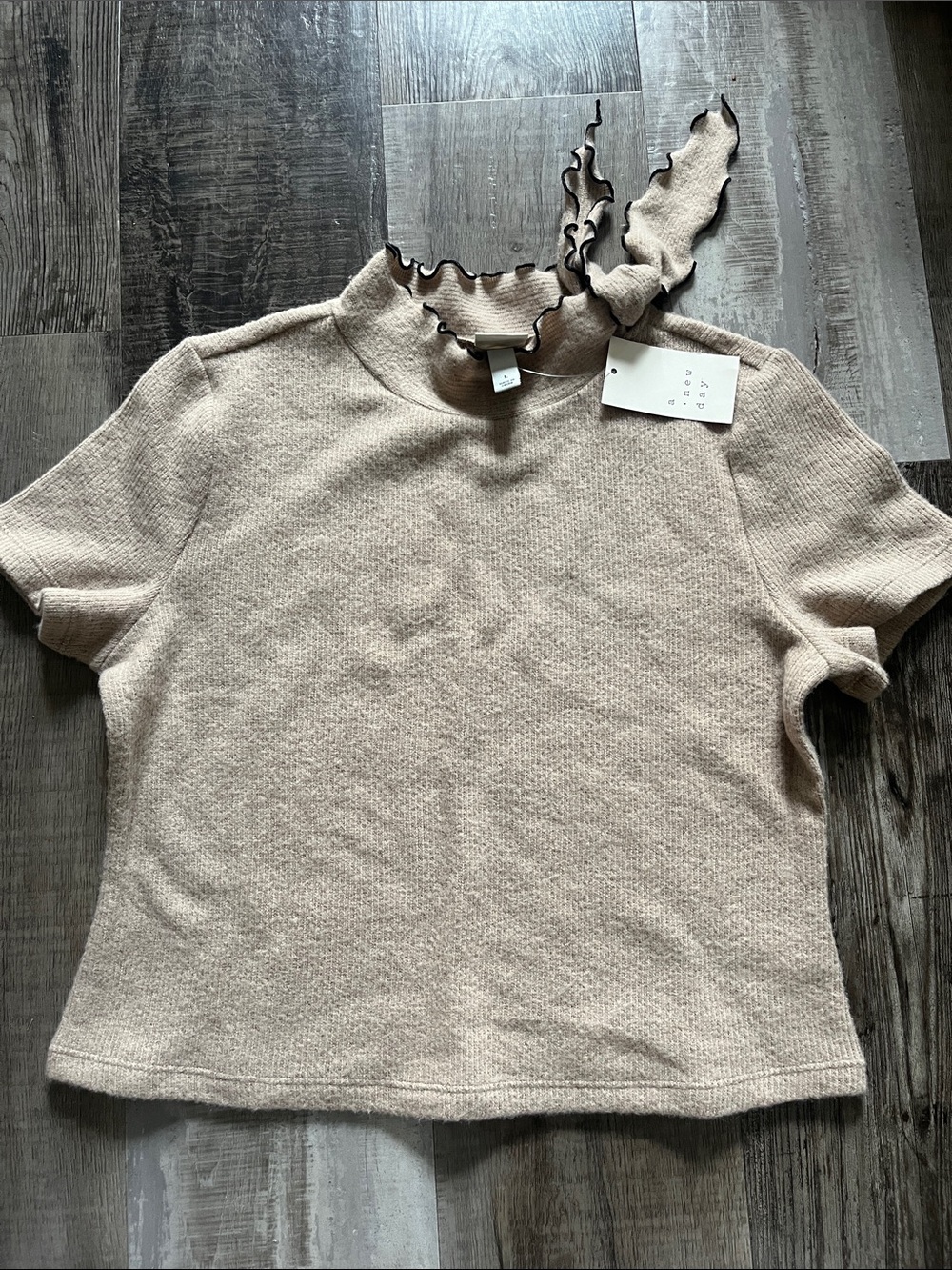 a new day Beige Ribbed Short Sleeve Mock Neck Top with Lettuce Edge